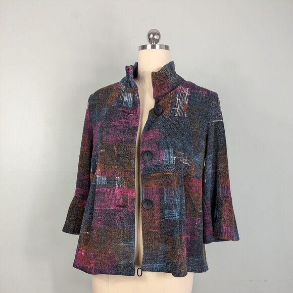 Damee Topper Jacket Pink Blue L Artsy Colorful Lagenlook Woven Collar Maximalist - Picture 1 of 13